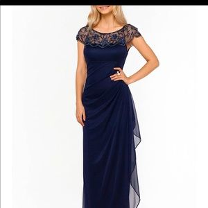 Xscape Beaded Cap Sleeve Illusion Gown